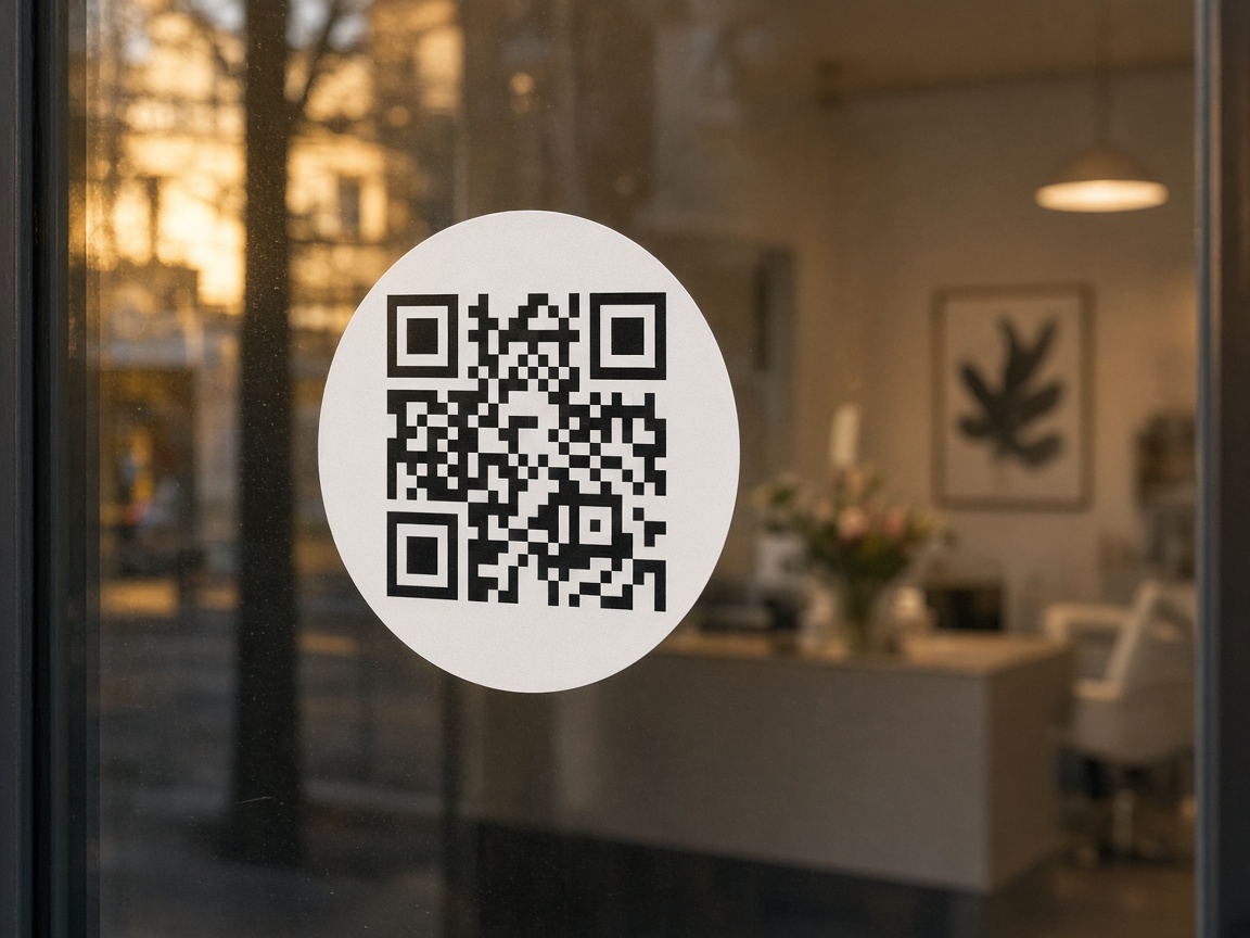 A round QR sticker on the window of a nail studio